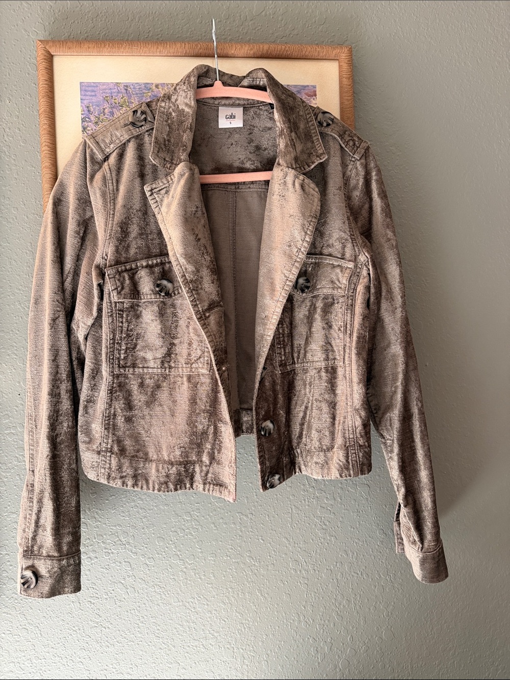 CAbi Washed Taupe Cropped Jean Jacket
